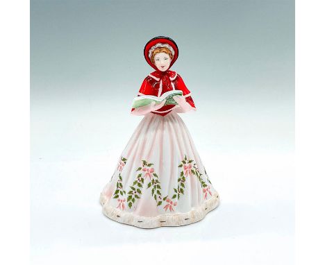 Bone china figure; 12 Days of Christmas series; petite. A lady, in pink and red, joyfully caroling. Royal Doulton backstamp. 