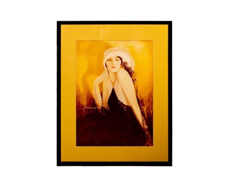 Vintage Print of a woman in a wide brim hat, black lacy dress with a gold coin necklace. Dimensions: 21.5"L x 26.5"HCondition