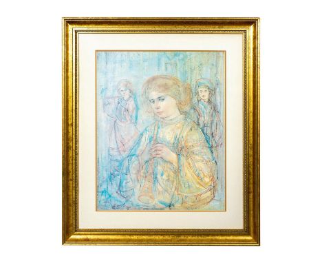 Framed limited edition color lithograph on paper of "The Golden Horn" by Edna Hibel. Housed in a gilded solid wood frame. On 