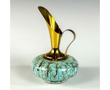 Turquoise toned with lustre finish &amp; branch patterning. Brass accented handle and spout.Flattened and rounded bottom port