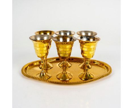 Medieval style goblets with geometric pattern and tray designed to carry the cups. Made in India factory label. Cups measure: