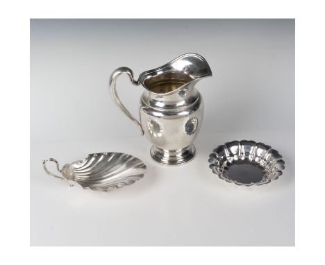 Water pitcher - International Sterling E97 impressed. Flared nut dish - Andover Silver Co. impressed. Silver Bon Bon Shell - 