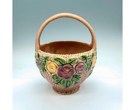 Unique pink tone textured ceramic basket with floral pattern. Roseville Rozane Pottery backstamp. Dimensions: 9"H x 6"dia.Con