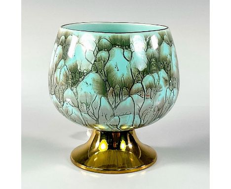 Turquoise toned with lustre finish &amp; branch patterning. Gold toned rim around piece.Hand Painted, goblet shaped. Made In 