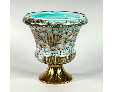 Goblet shaped turquoise toned with lustre finish &amp; branch patterning.Flared rim design. Hand Painted Delft Holland on bot