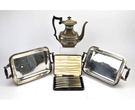 Pair of silver plated warming dishes with turned wood handles, cutlery and other items. (qty)Provenance: From Munstead Wood. 