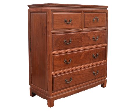 Chinese hardwood chest of drawers, 20th Century, with a rectangular top, above two short and three long drawers, on bracket f
