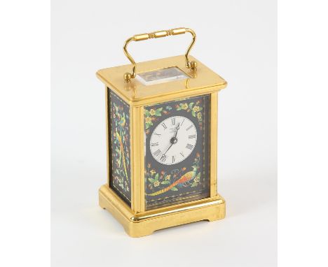 Halcyon Days Enamels carriage clock, the face and side panels enamelled with exotic birds amongst foliage, H 15cm. Provenance