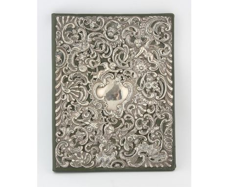 Green leather and silver mounted desk blotter, the cover embossed with cherubs amongst foliate scrolls, blank cartouche, by W