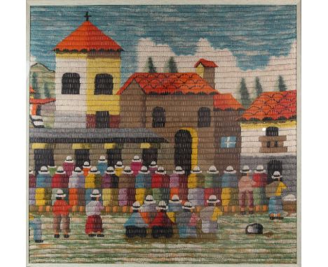 Large modern embroidery depicting town with figures, 88 x 90cm, framed and glazed, with second framed and glazed modern embro