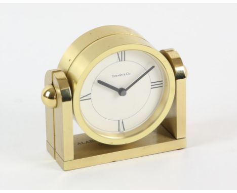 Tiffany & Co. brass desk clock with quartz movement No. 215378, the base inscribed "Alabama Pine Pulp Co. October 27. 1989 H 