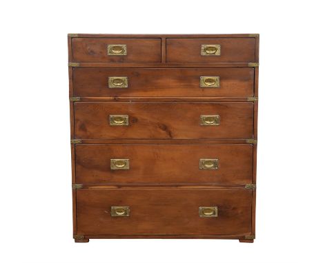 A Yew wood campaign style chest of drawers, with two short and four graduated drawers, with brass corners and handles, 104cm 