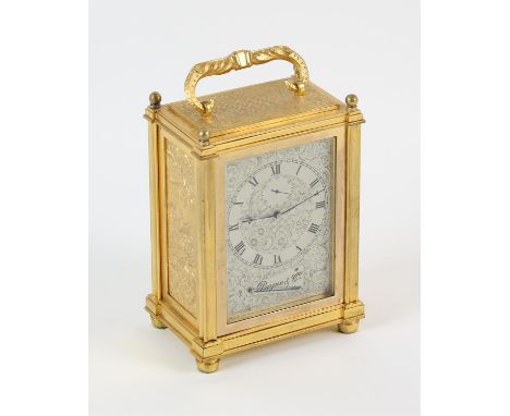 Gilt brass carriage clock with engraved foliate panels by Payne & Co., 163 New Bond St., London, the silvered and engraved di