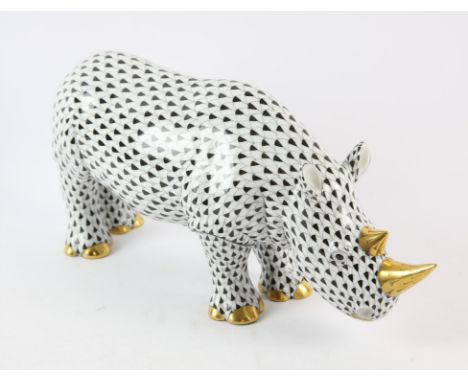 Herend Figure of a Standing Rhinoceros, black fishnet, model no. 1538, printed maker's marks H 16cm  W 33cm. Provenance: From