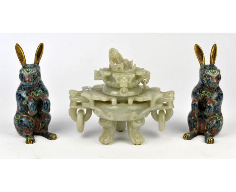Pair of Chinese cloisonné rabbits, H 18cm together with a Chinese hardstone incense burner. (3)Provenance: From Munstead Wood