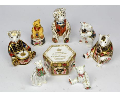 Royal Crown Derby three bear paperweights, other bears, commemorative box and saucers (qty). Provenance: From Munstead Wood. 