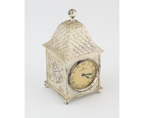 Silver cased commemorative timepiece, London 1976 by House of Lawrian (Christopher Lawrence) in the form of a turret for the 