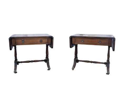 Pair of reproduction miniature sofa tables, with green leather tops, each with single drawer, on turned end supports, with re