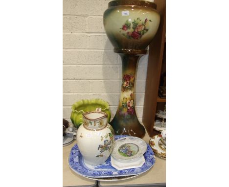 A ceramic jardinière and stand decorated with roses, 87.5cm high overall and other ceramics.