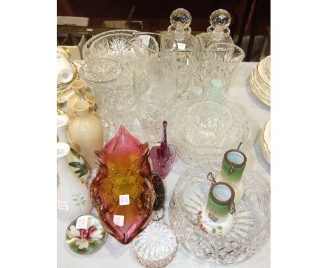 A pair of square glass decanters and stoppers, 24cm high, a pair of late-19th century beige opaque glass vases with enamel fl