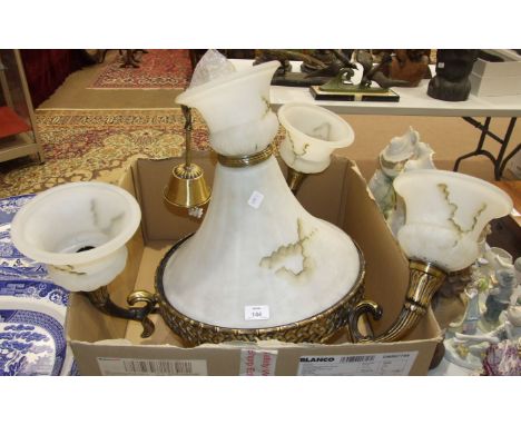 A modern alabaster and gilt metal hanging light fitting, 35cm diameter, with three attached lights.