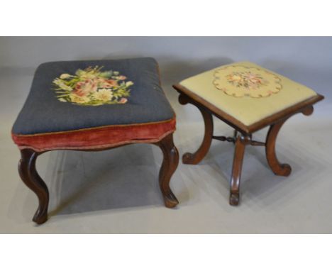 A Victorian Tapestry Topped Footstool with Carved Mahogany Outswept Legs, together with another similar mahogany footstool wi