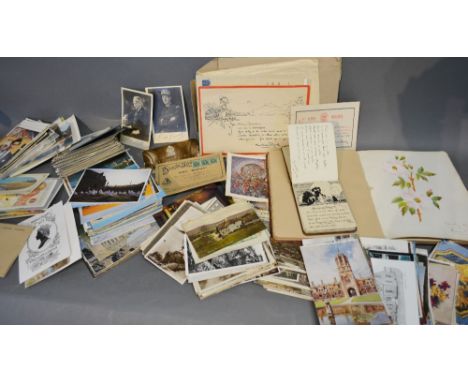 Two Portrait Postcards, signed, together with a Large Postcard Collection, loose, and two scrap albums both containing waterc