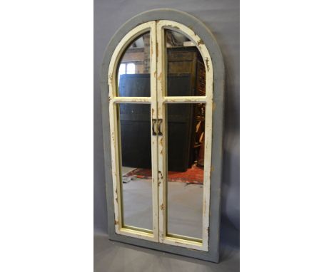 A French Grey and Cream Painted Wall Mirror in the form of a Window, 146 x 75 cms