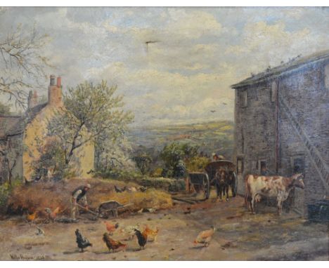 Willis K Hudson, Carter Knowle FarmECCLESALL, FARMYARD SCENE WITH FIGURES AND ANIMALS AMONGST BUILDINGSOil on canvas, signed 