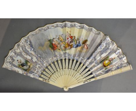 A 19th Century Spanish Fan with Pierced Ivory Sticks decorated with gold foil, a lithograph depicting figures and putti, with