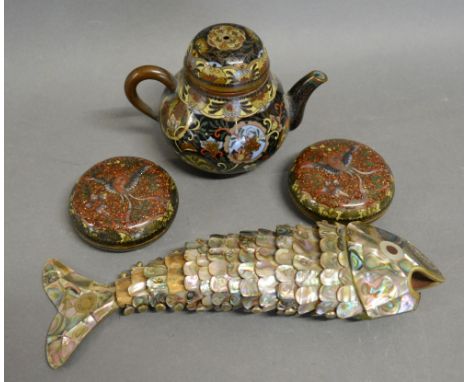 An Abalone Articulated Model in the form of a Fish, 19 cms long, together with a cloisonne small teapot and two cloisonne cov