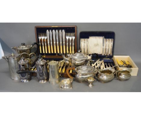 A Silver Plated Three Piece Tea Service, together with a collection of other silver plated items to include two cased sets of