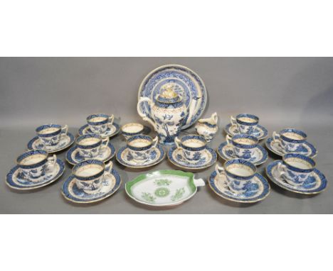 A Booths Real Old Willow Part Coffee Service together with a Willow Pattern Comport and a Copeland Spode Fitzhugh Leaf Dish