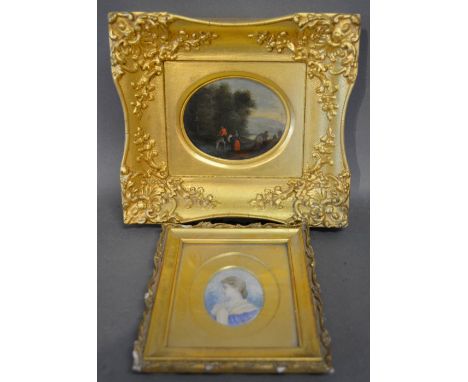 Early 19th Century English SchoolFIGURES ON A TRACKOval oil on board, 17.5 x 10 cms, together with an oval miniature portrait