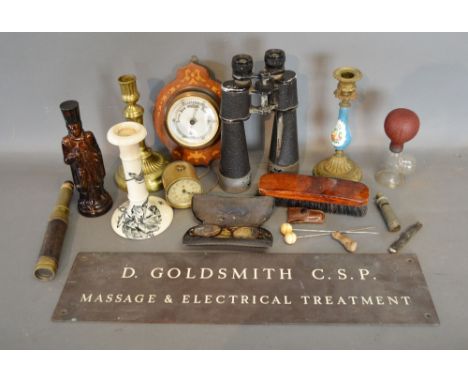 A Mahogany Marquetry Inlaid Barometer, together with various other items to include three candlesticks, a telescope, a pair o