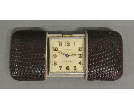 A Sterling Silver Cased Movado Hermeto Chronometer Travelling Clock with Leather Outer Case