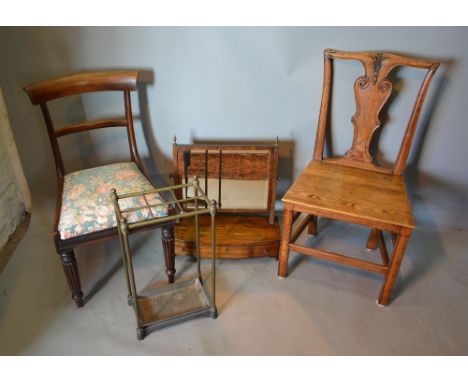 A 19th Century Mahogany Bow Fronted Swing Frame Toilet Mirror, together with two 19th Century side chairs and a brass stick s