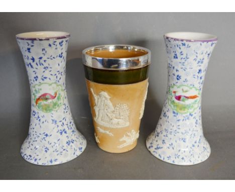 A Doulton Lambeth Stoneware Beaker with London Silver Rim and with Figural Hunting Scenes, the bottom stamped W. Hutton & Son