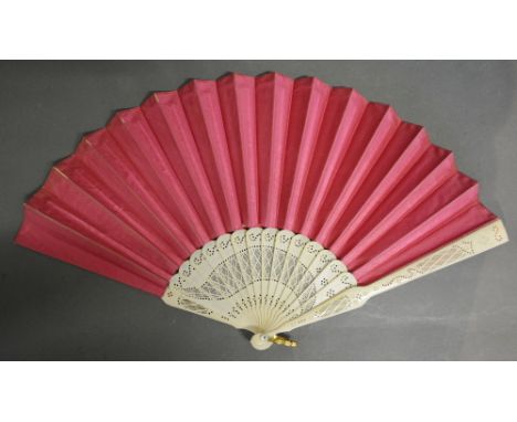A 19th Century Carved Ivory Fan with Pierced Sticks and Double Satin Rose Coloured Leaf, Metal Loop with Mother of Pearl Butt
