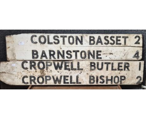 Two vintage Nottinghamshire road signs, Colston Basset, Barnstone, Cropwell Butler and Cropwell Bishop
