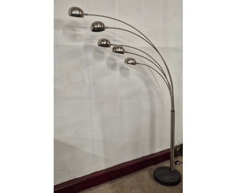 An Italian style chrome five arm arc lamp, on marble base
