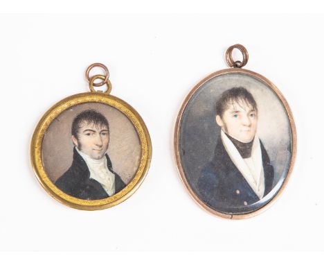 Two mid 19th Century portrait miniatures of the same gentleman, circa 1840, on ivory, mounted, largest 5cm by 4cm (2)