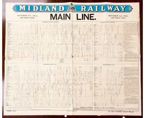 Original Edwardian Railway Timetable Poster / Midland Railway Interest: 'Midland Railway - Main Line', bold blue & black lith