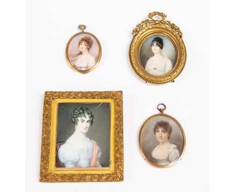A collection of four early 19th Century portrait miniature of young ladies, on ivory, largest 9cm by 7cm, all mounted (4)