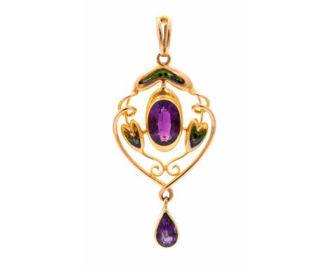 An Art Nouveau enamel and amethyst pendant, 15ct gold sinuous open swirl details are adorned with green and blue enamel surro