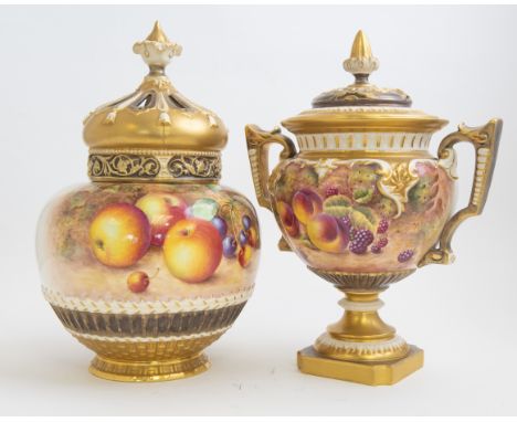 A Royal Worcester fruit painted twin handled pedestal vase, ovoid form, foliate handles, on square base