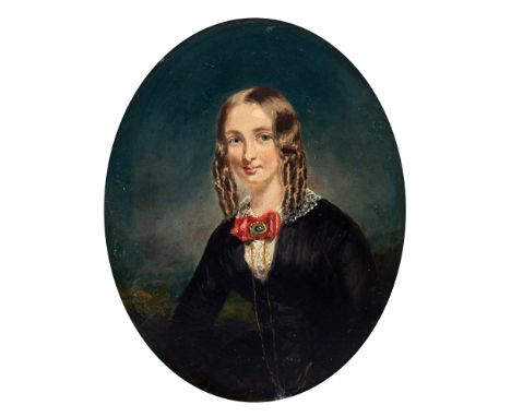 English School, circa 1840, portrait of a young woman, three-quarter length, in a black dress with a red bow, oil on canvas, 