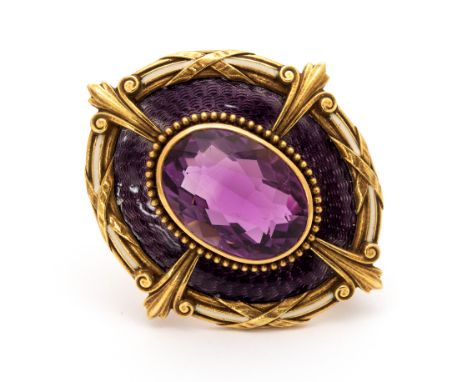 An amethyst and purple enamelled pendant/ brooch, comprising an oval amethyst set to the centre with engine turned enameled s