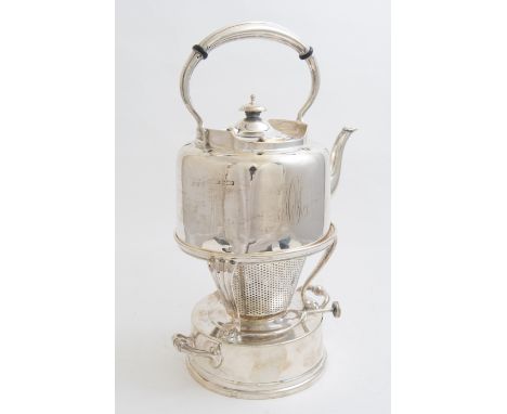 An Edwardian silver spirit kettle on stand, the plain body with engraved with initials, the stand with three scroll and paw f