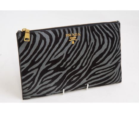 PRADA pony skin clutch bag, zebra print with gold tone hardware, nude calf leather interior, dimensions approx H 7'' x W 11.5